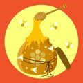 Honey Jar with Honey Dipper and Bees Illustration