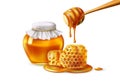 Honey jar and honeycomb. 3D bee comb. Wooden dipper with falling sweet liquid drops. Honeybee gold syrup. Beeswax drip Royalty Free Stock Photo