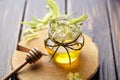 Honey in jar with linden flowers and honey dipper on wooden background Royalty Free Stock Photo