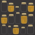 Honey jar pattern. Handdrawn cartoon pattern with glass jars on black