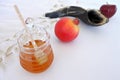 Honey jar, Pomegranate Shofar and red apple