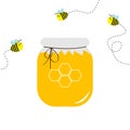 Honey jar pot icon. Honeycomb logo. Beehive element. Flying bee insect dash line set. Paper top and bow. Yellow healthy food. Isol Royalty Free Stock Photo