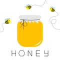 Honey jar pot icon. Honeycomb text. Beehive element. Flying bee insect dash line set. Paper top and bow. Yellow healthy food. Isol Royalty Free Stock Photo