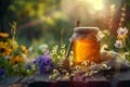 Honey jar with a spoon and wildflowers at sunset