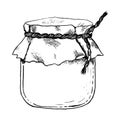 Honey jar vector graphic illustration. Line drawing of pot with linen cloth cap and rope realistic clipart