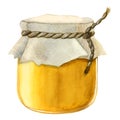 Honey jar watercolor illustration isolated on white background. Yellow glass pot with linen cloth cap and rope Royalty Free Stock Photo