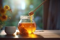 Honey jar wooden spoon. Generate AI Royalty Free Stock Photo