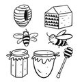 Honey in jars and bees. Black ink. Cartoon hand draw coloring. Royalty Free Stock Photo