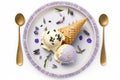 Honey Lavender Ice Cream On Plate, White Background. Generative AI