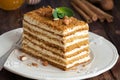 Honey layer cake Medovik decorated with mint leaf and almonds
