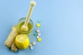 Honey, lemon, ginger and cold pills Royalty Free Stock Photo