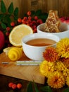 Honey, lemon, rowan berries and thermometer. Concept of treating seasonal cold Royalty Free Stock Photo