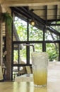 Honey Lemon Soda in glass on the wooden table Background glass windows and  tree Royalty Free Stock Photo