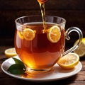 Honey lemon tea, fresh brewed refreshing tea drink with honey sweetener and lemon citrus