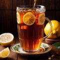 Honey lemon tea, fresh brewed refreshing tea drink with honey sweetener and lemon citrus