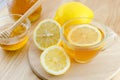 Honey lemon tea with honey and lemon on wooden table