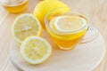 Honey lemon tea with honey and lemon on wooden table