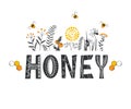 Honey lettering surrounded by bees and doodle flowers. Vector stylized background on a white background, honey logo