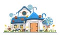 Honey life. Sweet background, caramel fairy house. Illustration in cartoon style flat design. Summer cute landscape