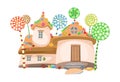 Honey life. Sweet caramel fairy house with lollipop trees. Illustration in cartoon style flat design. Picture for