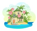 Honey life. Sweet caramel fairy house on tropical island. Illustration in cartoon style flat design. Summer cute