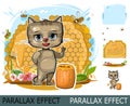 Honey. Little cat in cartoon style on background of honeycombs, flowers, Young cheerful kitty beekeeper. Image from