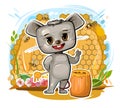 Honey. Little Mouse in cartoon style on the background of honeycombs, flowers, bees and barrels. Young cheerful animal