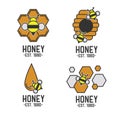 Honey logo flat style with bee isolated on white. Nature logo icon food design. Set organic yellow sweet honey logotype with Royalty Free Stock Photo