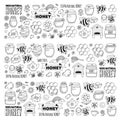 Honey market, bazaar, honey fair Doodle images of bees, flowers, jars, honeycomb, beehive, spot, the keg with lettering