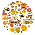 Honey market, bazaar, honey fair Doodle images of bees, flowers, jars, honeycomb, beehive, spot, the keg with lettering