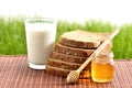 Honey and milk with bread Royalty Free Stock Photo