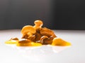 Honey mixed with nuts spilled on white reflective surface on black background
