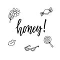 Honey! Modern calligraphy and feminine hand drawn icons.