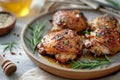 Honey mustard glazed chicken thighs. Tasty food in asian style. Generative AI