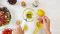 Honey mustard salad dressing recipe. Mixing olive oil, lemon juice, mustard, seasoning