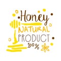 Honey natural product, 100 percent logo symbol. Colorful hand drawn vector illustration