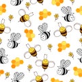 Honey pattern with honeycomb, bees and flowers. Royalty Free Stock Photo