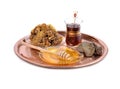 Honey on plate ,cup of Turkish tea Royalty Free Stock Photo