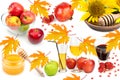 Honey, pomegranate and apple isolated on white background. Rosh hashanah jewish New Year holiday concept. Collage Royalty Free Stock Photo