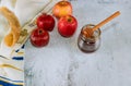 Honey on the pomegranate and apples. Jewish new year Rosh Ha Shana kippah yamolka and shofar