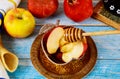 Honey on the pomegranate and apples. Jewish new year Yom Kippur and Rosh Hashanah kippah yamolka and shofar