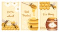 Honey poster set. Posters with bees, honeycombs, jar of honey, spoon, barrel and daisies. The concept of ecological bioproducts.