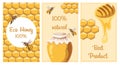 Honey poster set. Posters with bees, honeycombs, jar of honey, spoon, barrel and daisies. The concept of ecological bioproducts.