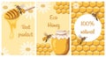 Honey poster set. Posters with bees, honeycombs, a jar of honey and daisies. The concept of ecological bio products