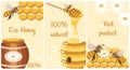 Honey poster set. Posters with bees, honeycombs, a jar of honey, a spoon, a barrel and daisies.