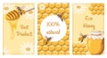 Honey poster set. Posters with bees, honeycombs, jar of honey, spoon, barrel and daisies. The concept of ecological bioproducts.