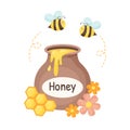 Honey pot with bees, flowers, and honeycomb. Isolated illustration for honey label, products, package design