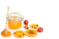 Honey pot orange, spices and christmas decorations isolated on white . Free space for text