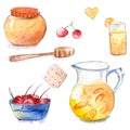 Honey pot with wooden dipper, jug and glass of orange lemonade, cookie and bowl with cherries. Set of hand drawn watercolor vector