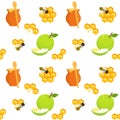 Honey pots, apples and honeycomb seamless pattern